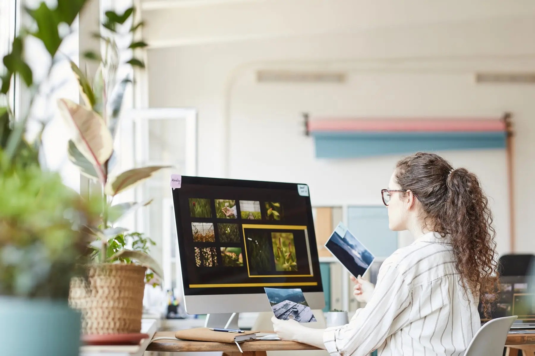 Une graphiste compare des photos imprimées à une galerie d’images affichée sur son écran, dans un bureau lumineux plein de plantes
