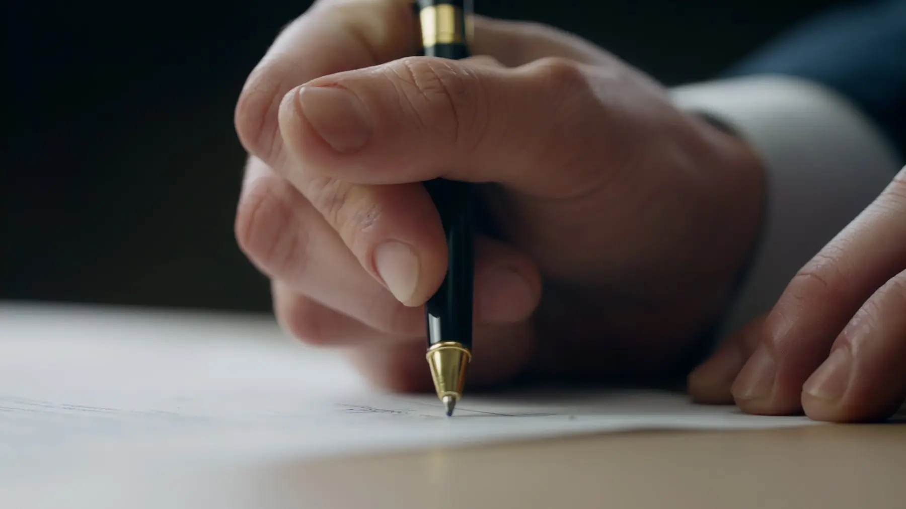 Gros plan sur une main qui signe un document avec un stylo noir et doré, sur un bureau
