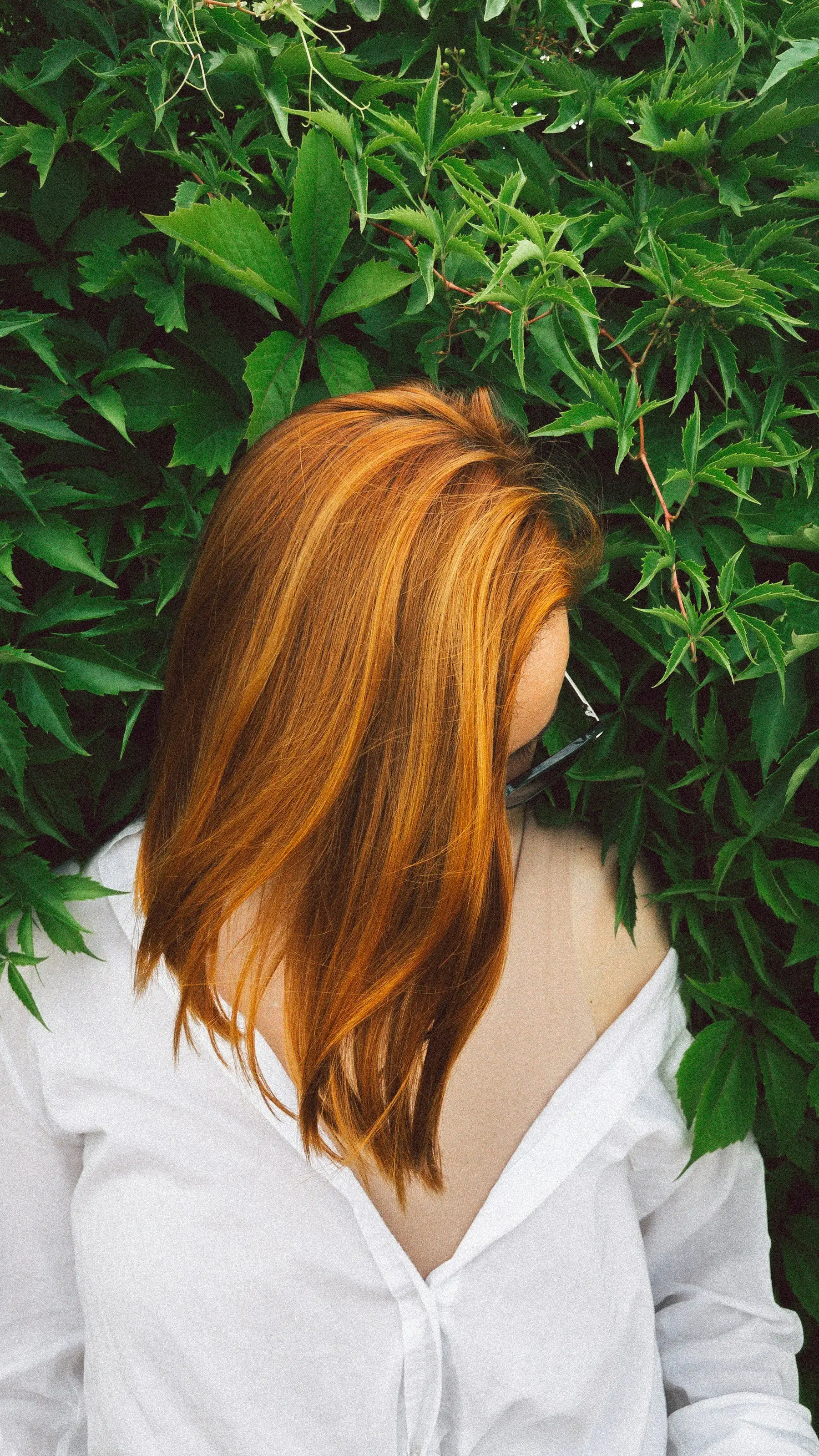 Cheveux mi-longs cuivrés aux reflets orangés, sur une chemise blanche, devant un mur de feuillage
