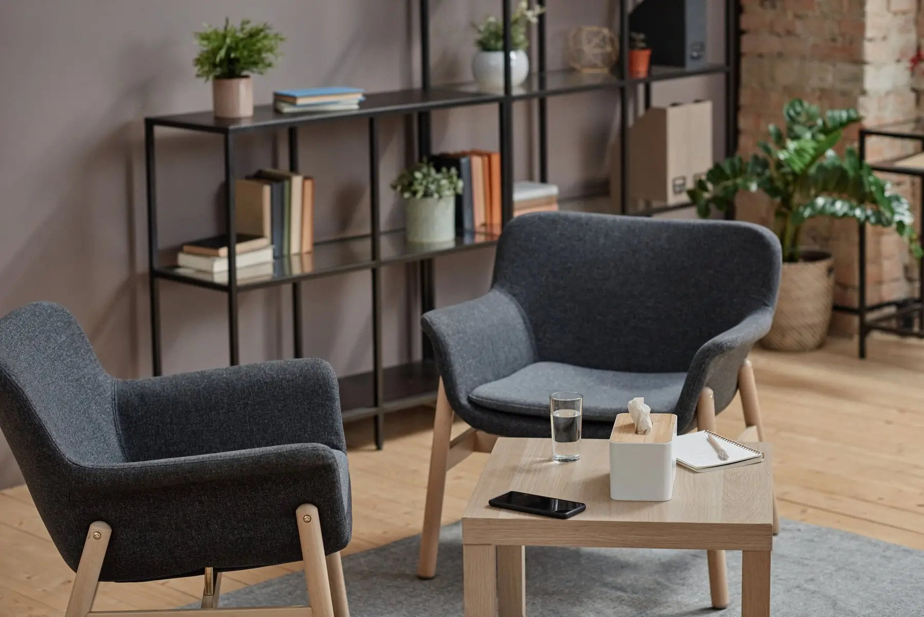 Salle d’attente avec deux fauteuils gris, une table basse, des étagères et des plantes vertes