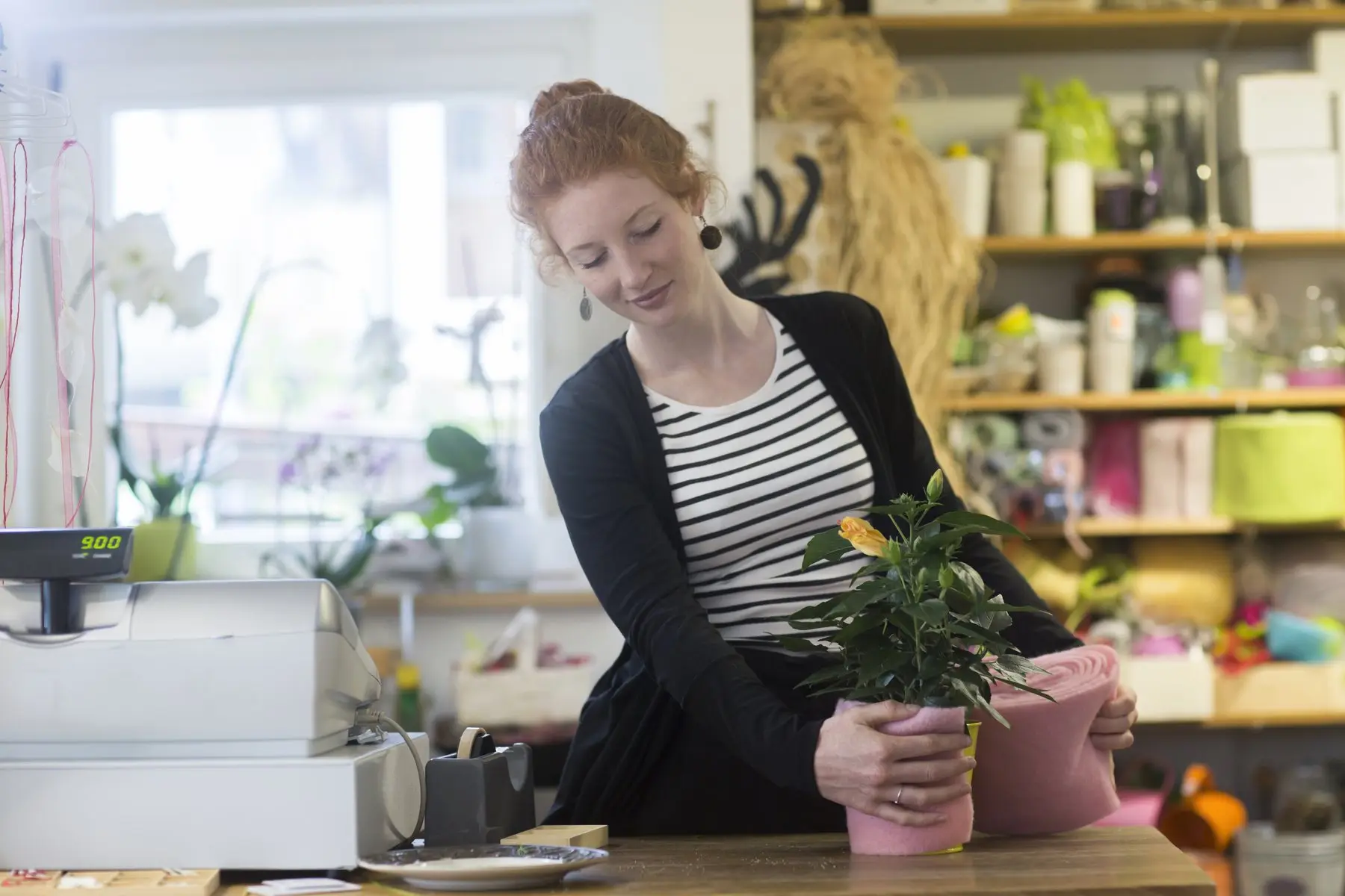 Une fleuriste emballe une plante en pot derrière le comptoir de sa boutique