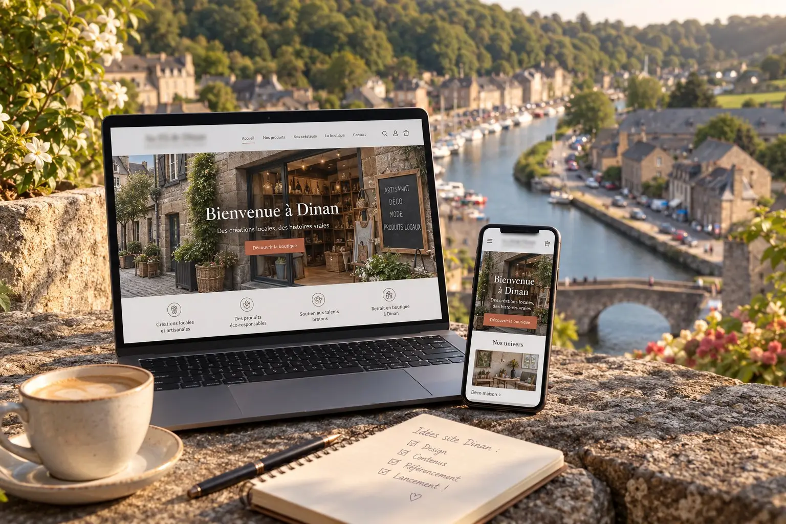 Un ordinateur portable et un smartphone affichant le site d’un commerce local, posés sur un muret de granit qui domine le port de Dinan