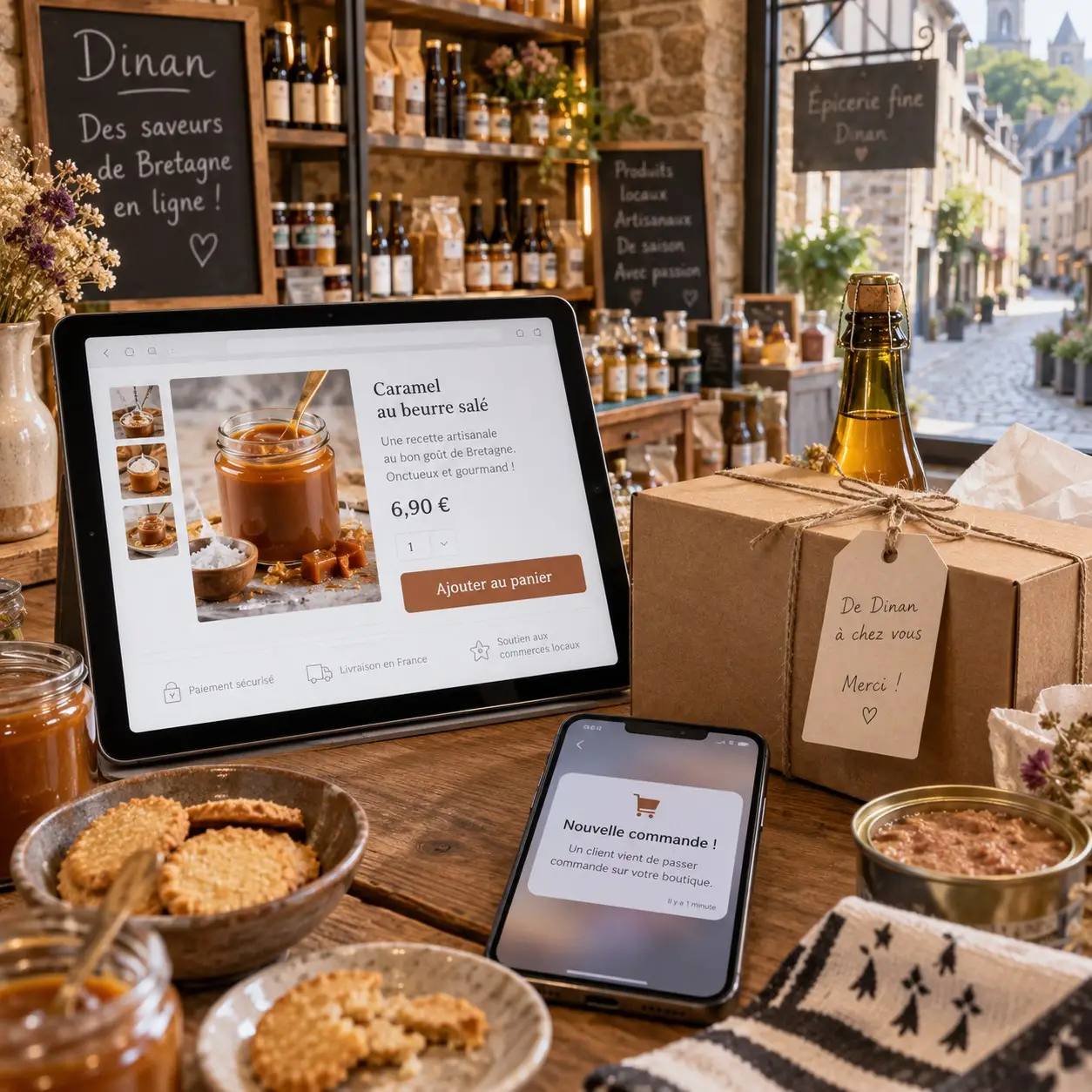 Une tablette affiche la fiche produit d’une épicerie fine en ligne, entre un colis en kraft, des biscuits et un smartphone qui annonce une nouvelle commande