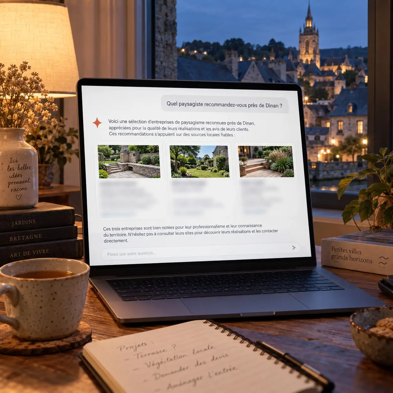 Le soir, un ordinateur portable affiche un assistant conversationnel qui répond à la question « Quel paysagiste recommandez-vous près de Dinan ? »