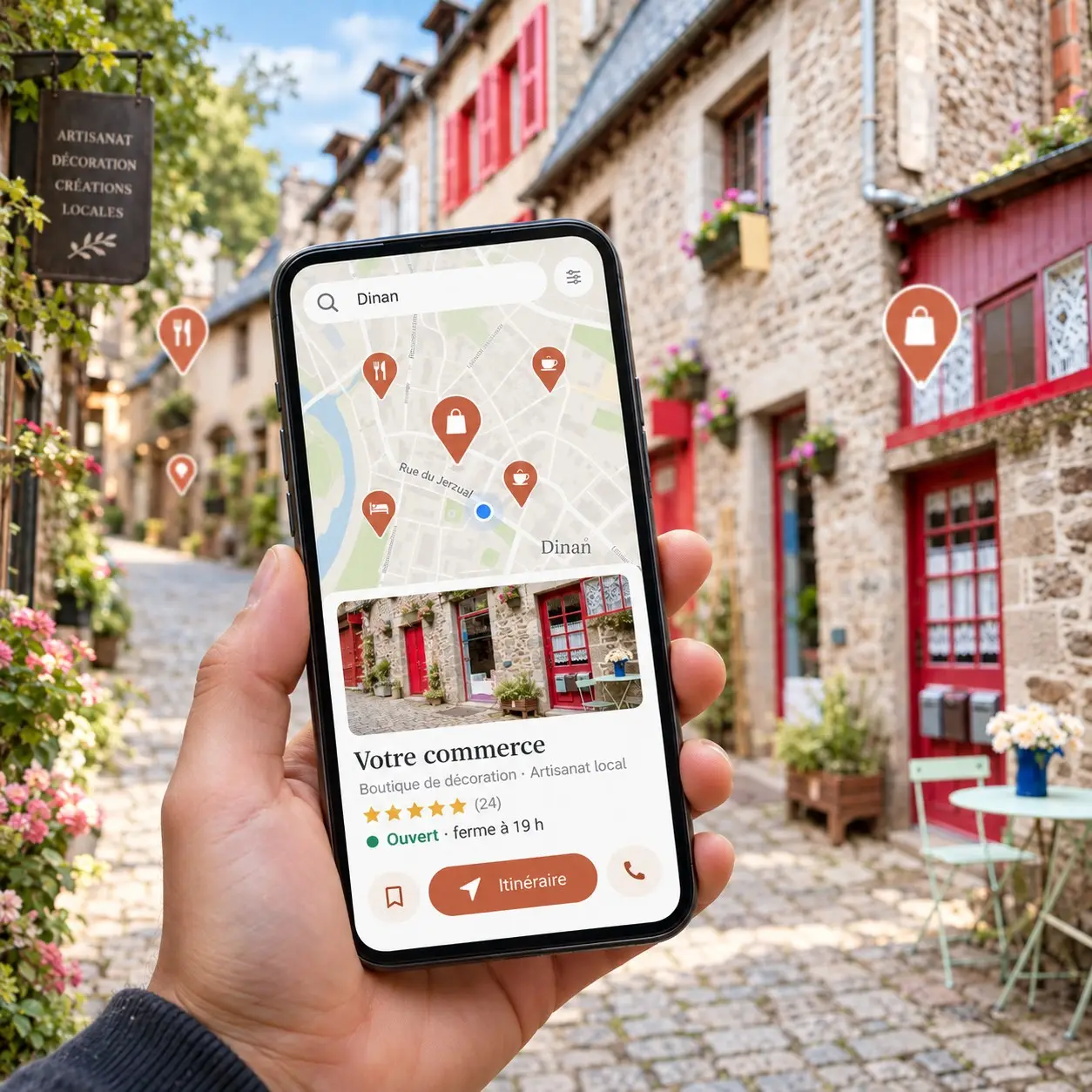 Dans une ruelle pavée bordée de maisons de pierre, une main tient un smartphone qui affiche une carte avec des repères et la fiche d’un commerce