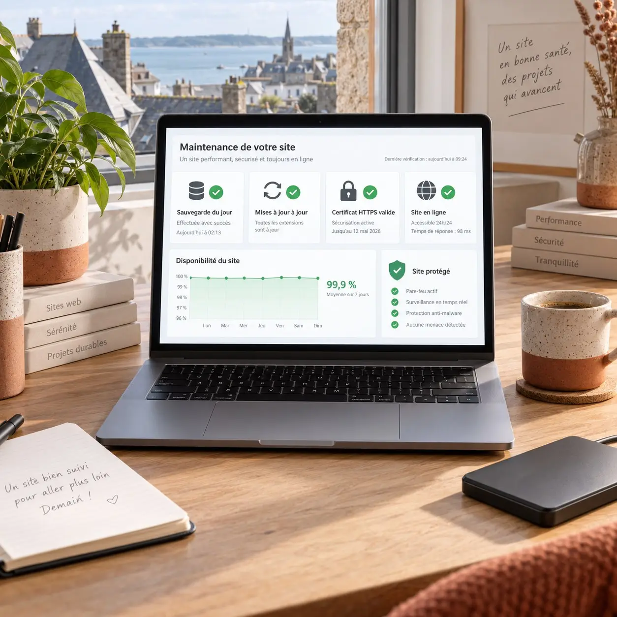 Un ordinateur portable affiche un tableau de bord de maintenance : sauvegarde du jour, mises à jour, certificat HTTPS et disponibilité du site