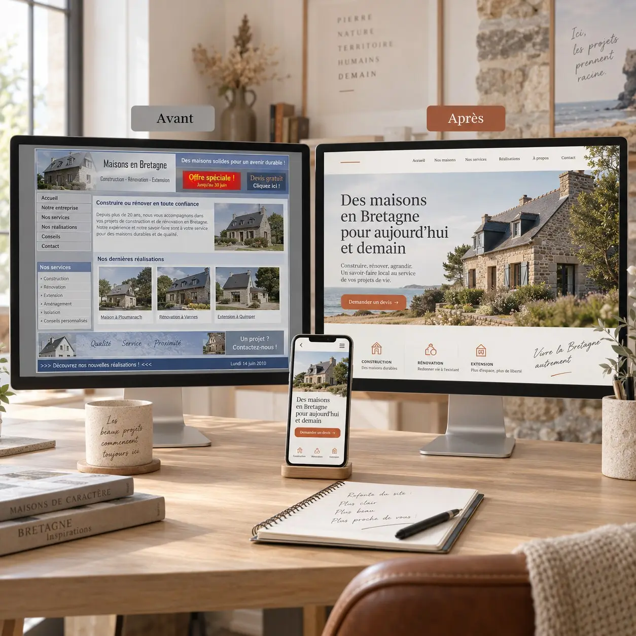 Deux écrans comparent un ancien site daté et sa nouvelle version, plus aérée, avec la version mobile sur un smartphone posé devant