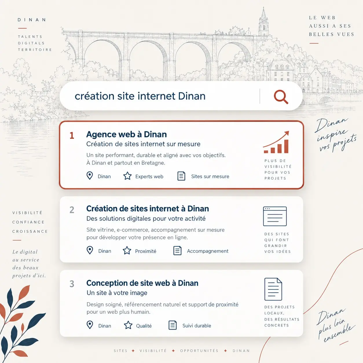 Une barre de recherche « création site internet Dinan » et trois résultats, le premier mis en avant, sur un croquis du viaduc de Dinan
