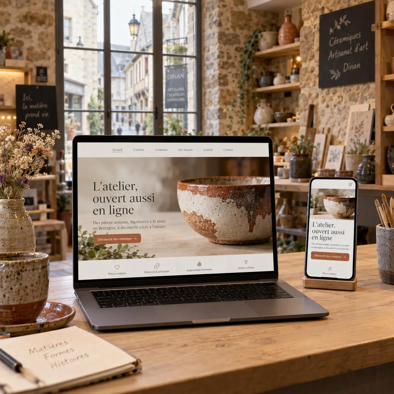 Un ordinateur portable et un smartphone affichent le site vitrine d’un atelier de céramique, posés sur le comptoir d’une boutique aux murs de pierre