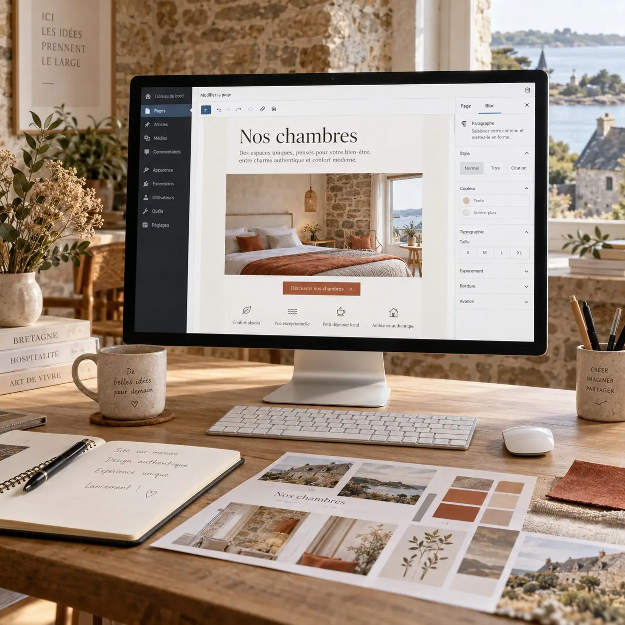 Un grand écran affiche l’éditeur d’une page de site en cours de modification, sur un bureau couvert de maquettes papier et de nuanciers