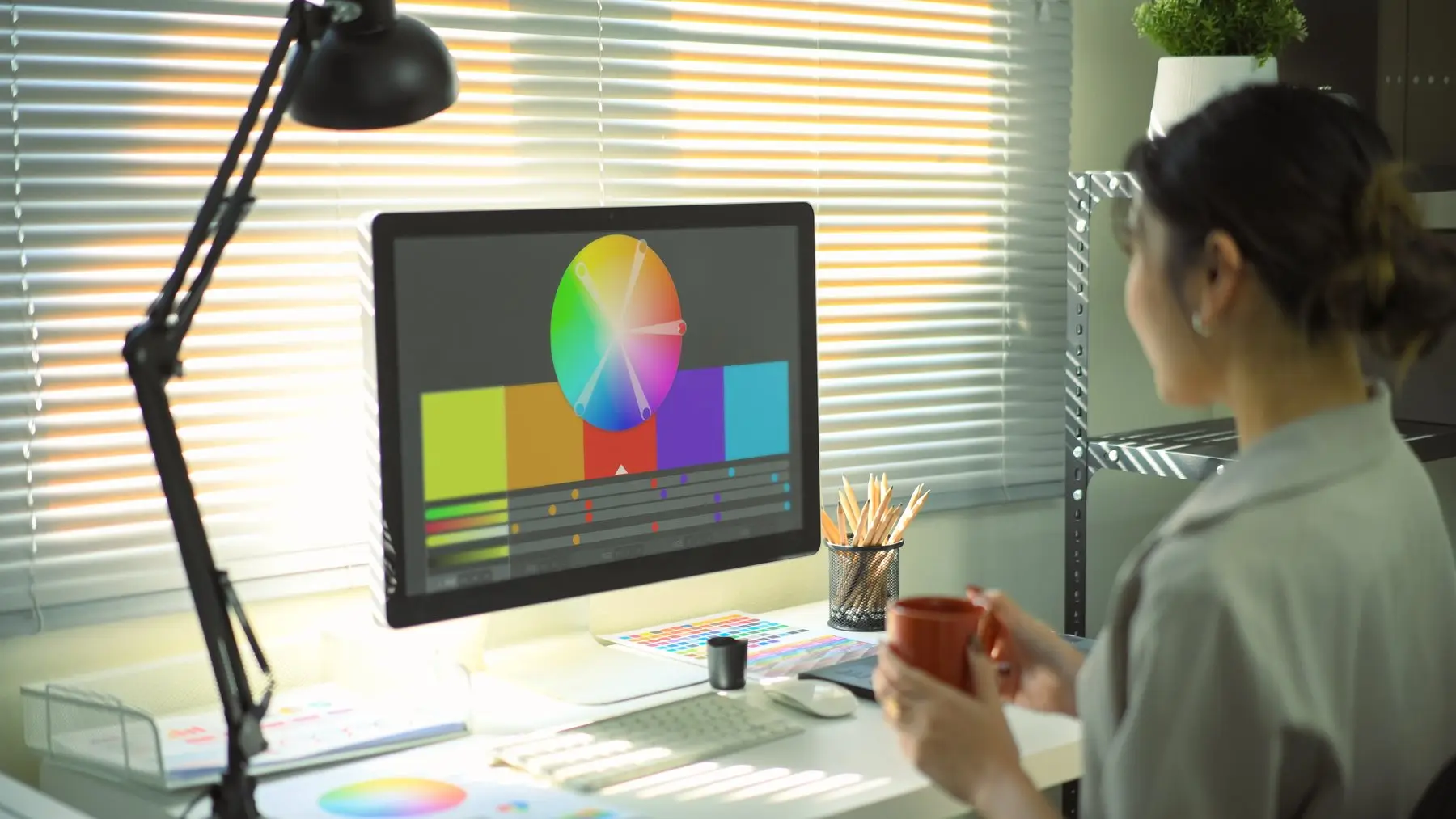 Une femme, une tasse à la main, regarde un écran qui affiche un cercle chromatique et une palette de cinq couleurs